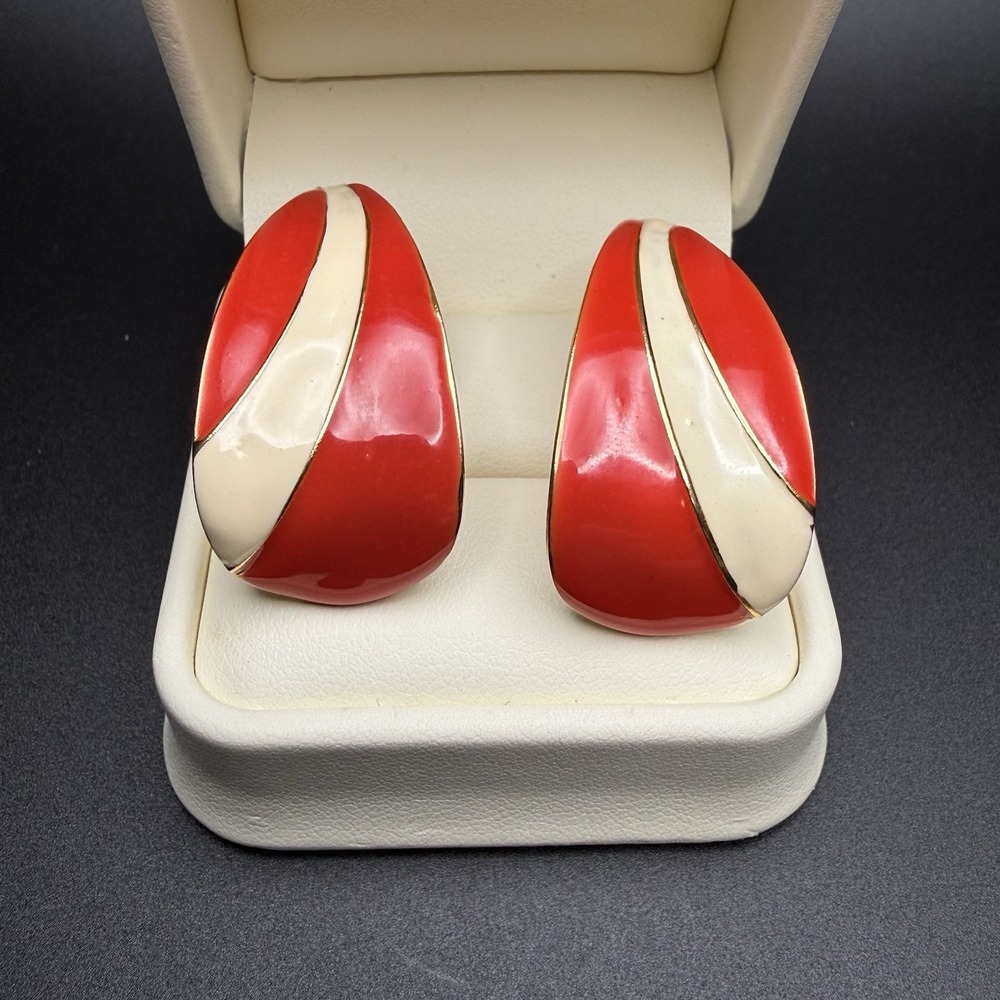 Vintage Gold Tone Red & Cream Enamel Clip On Earrings Bold Mid Century Statement